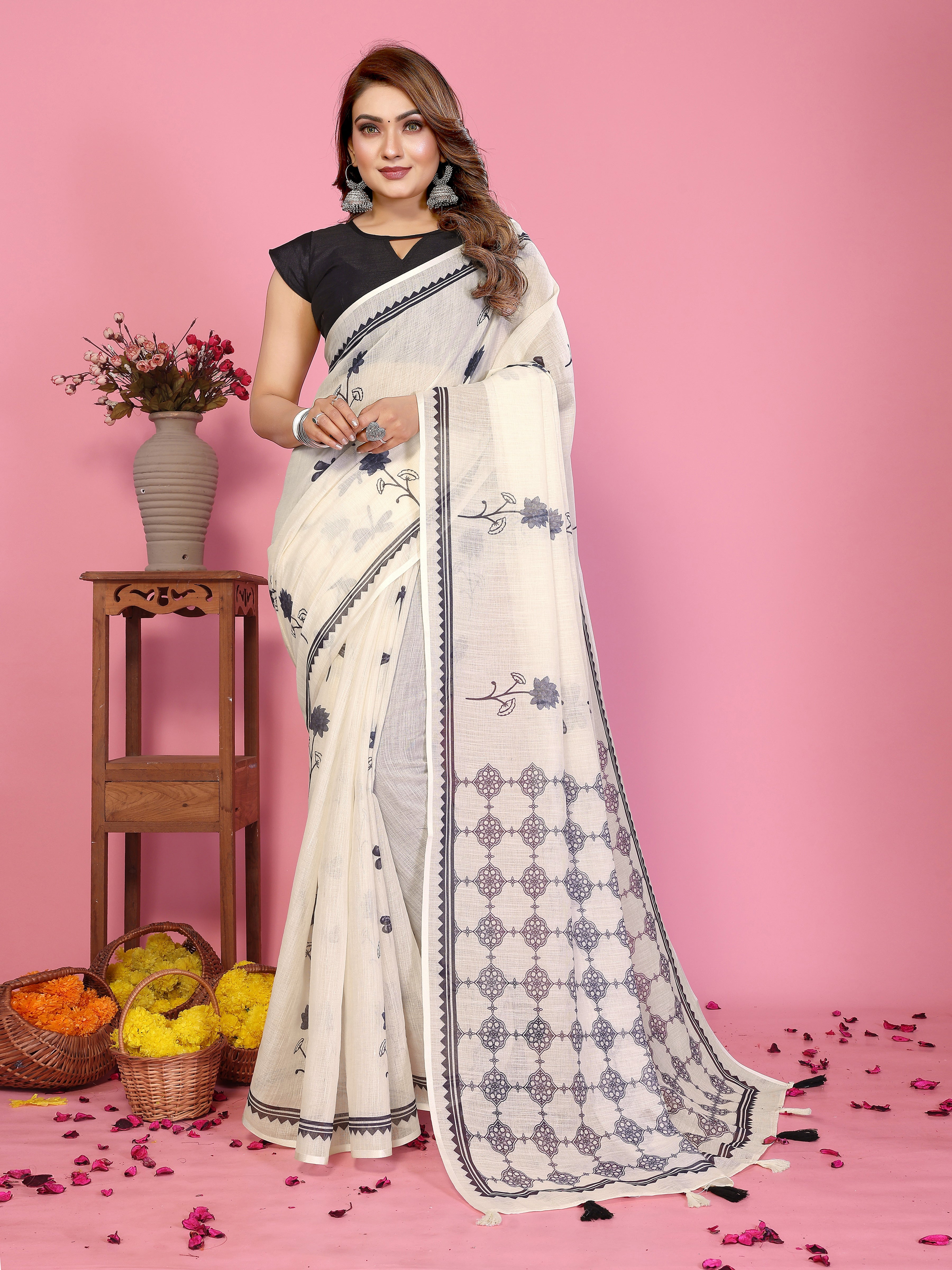 Fabrica Vibe Off-White Soft Linen Saree with Floral Print & Geometric Pallu Design