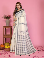 Fabrica Vibe Off-White Soft Linen Saree with Floral Print & Geometric Pallu Design
