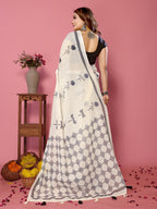 Fabrica Vibe Off-White Soft Linen Saree with Floral Print & Geometric Pallu Design