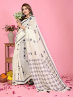 Fabrica Vibe Off-White Soft Linen Saree with Floral Print & Geometric Pallu Design
