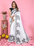Fabrica Vibe White Soft Linen Saree with Black Elephant Print & Tribal Border Design