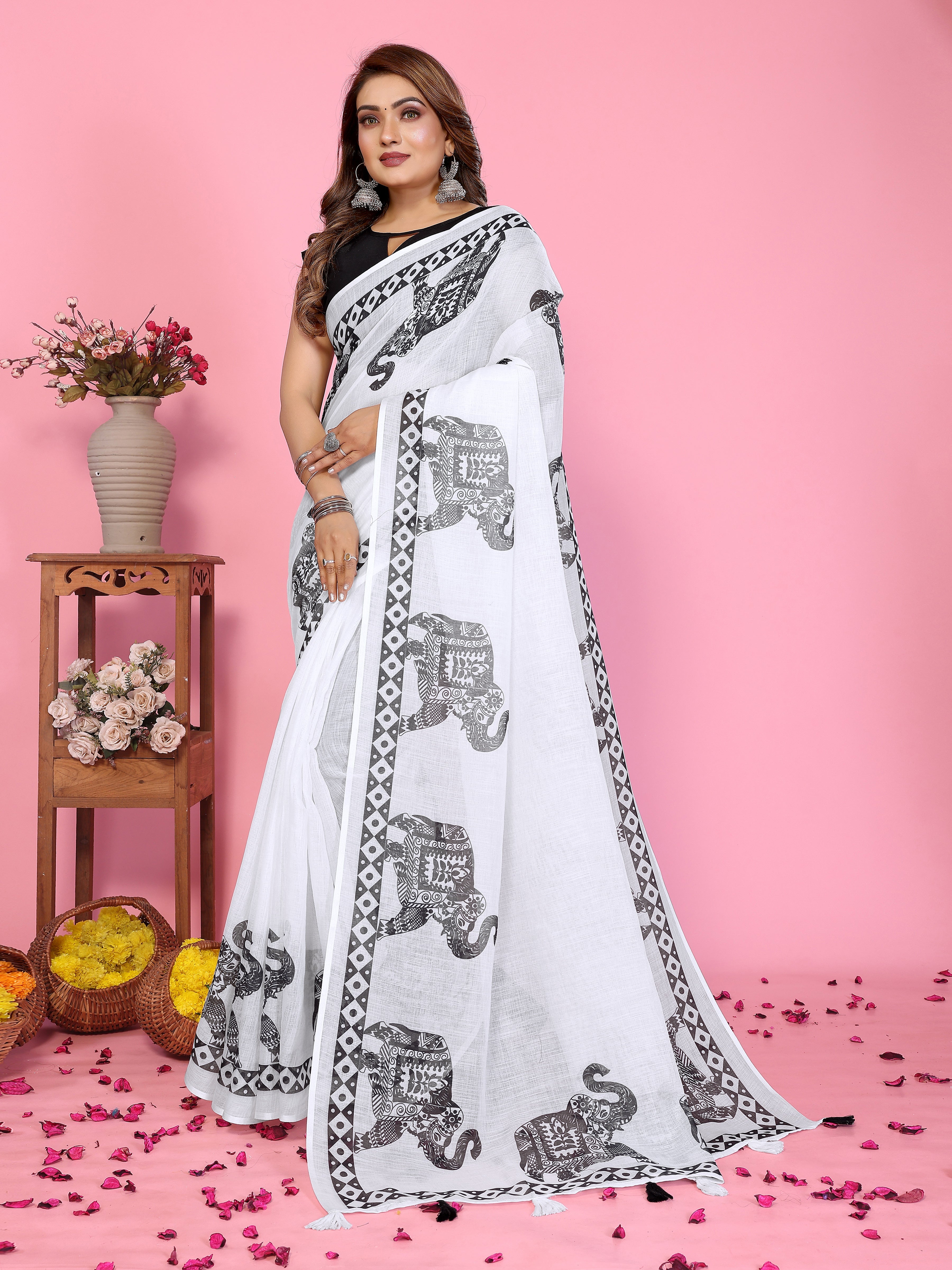Fabrica Vibe White Soft Linen Saree with Black Elephant Print & Tribal Border Design