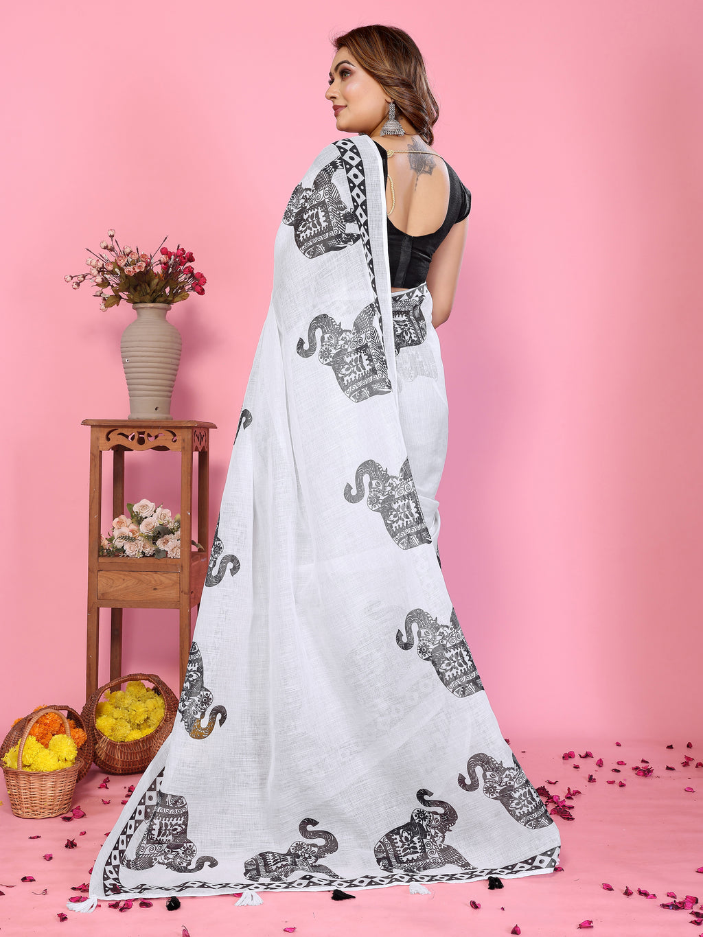 Fabrica Vibe White Soft Linen Saree with Black Elephant Print & Tribal Border Design