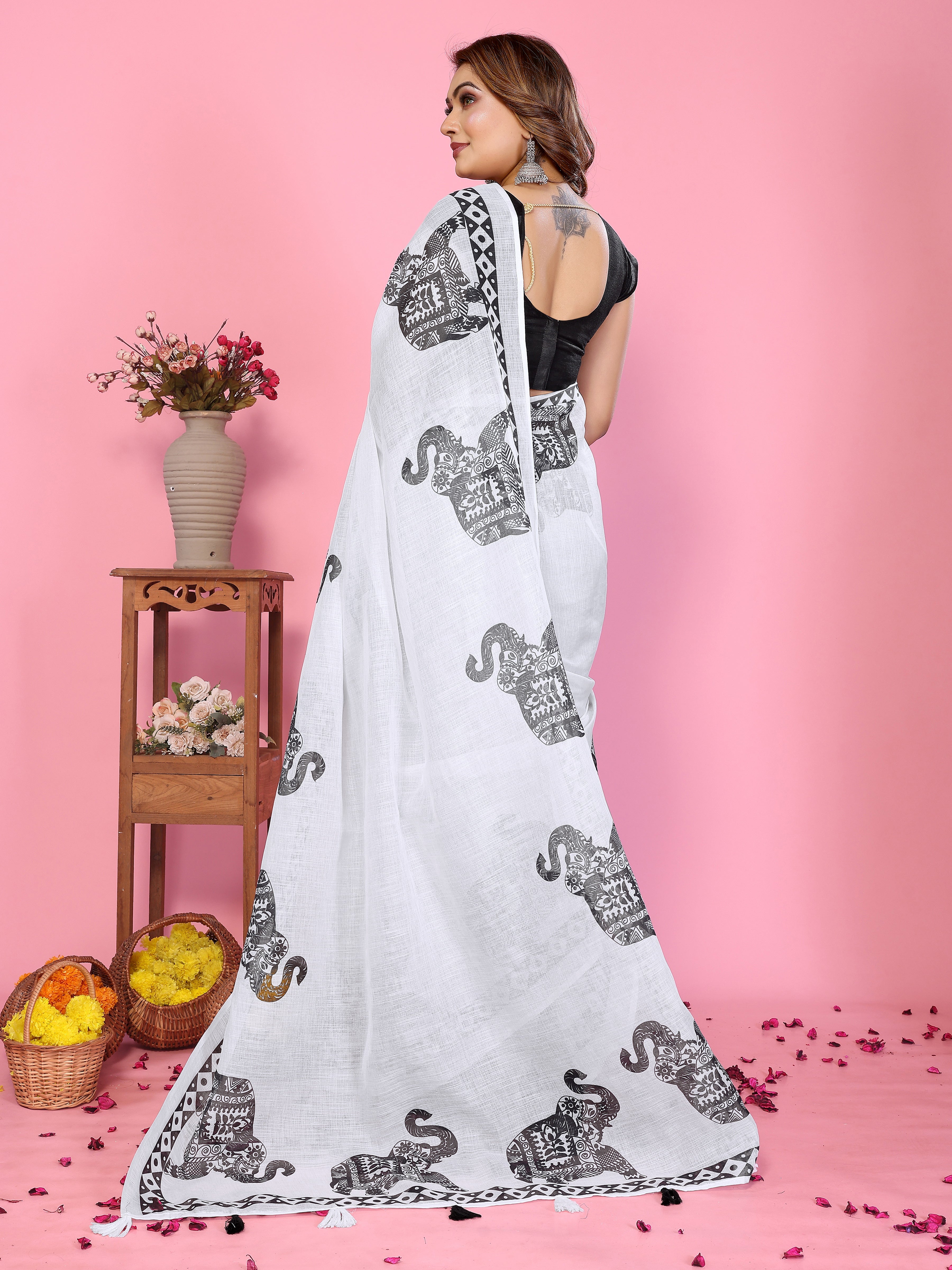 Fabrica Vibe White Soft Linen Saree with Black Elephant Print & Tribal Border Design