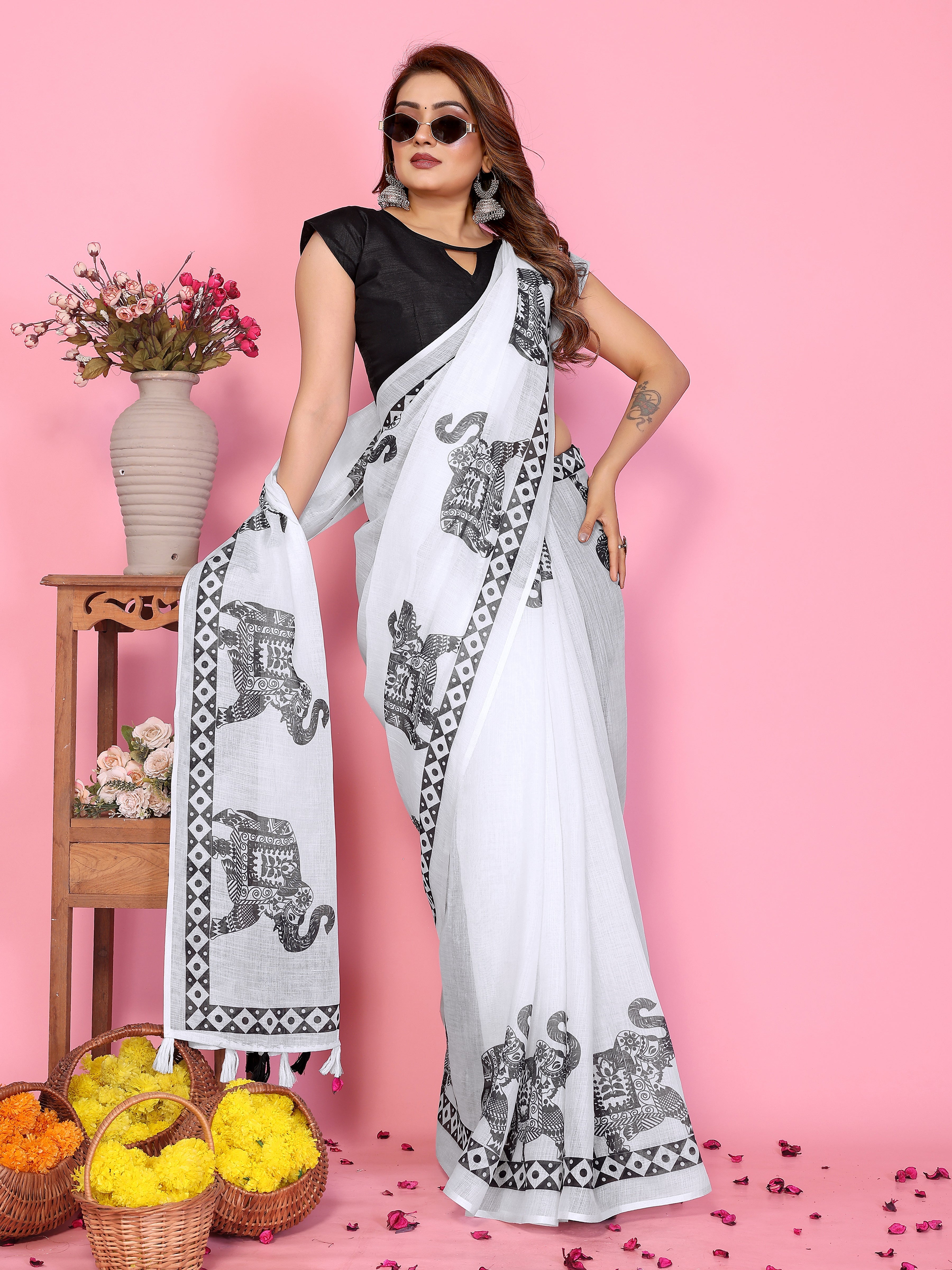 Fabrica Vibe White Soft Linen Saree with Black Elephant Print & Tribal Border Design