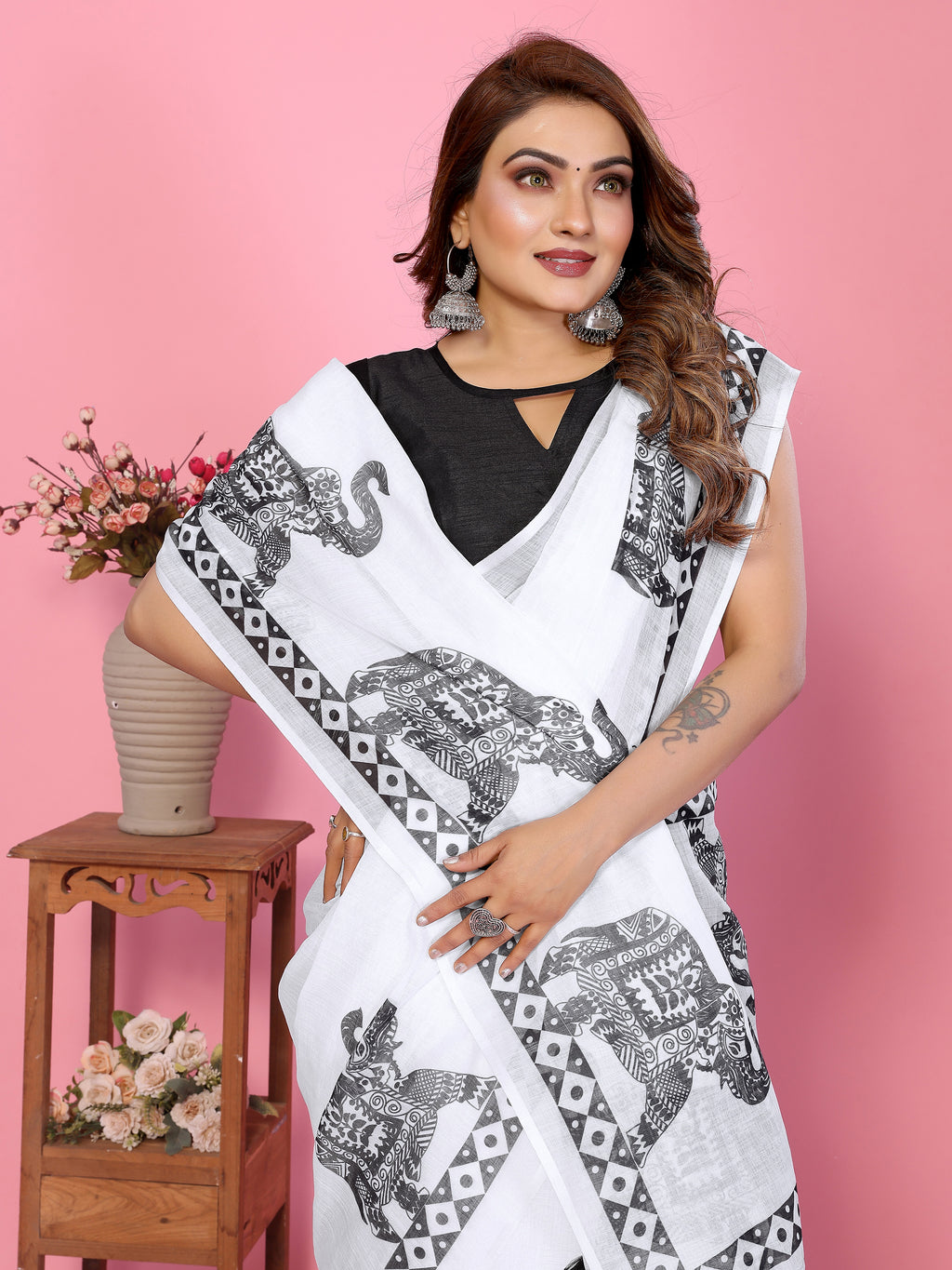 Fabrica Vibe White Soft Linen Saree with Black Elephant Print & Tribal Border Design
