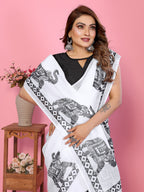 Fabrica Vibe White Soft Linen Saree with Black Elephant Print & Tribal Border Design