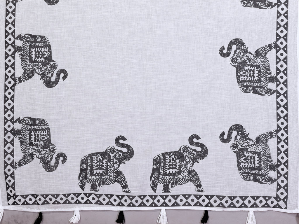Fabrica Vibe White Soft Linen Saree with Black Elephant Print & Tribal Border Design
