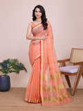 Fabrica Vibe Peach Handwoven Cotton Saree with Golden Checks & Contrast Border