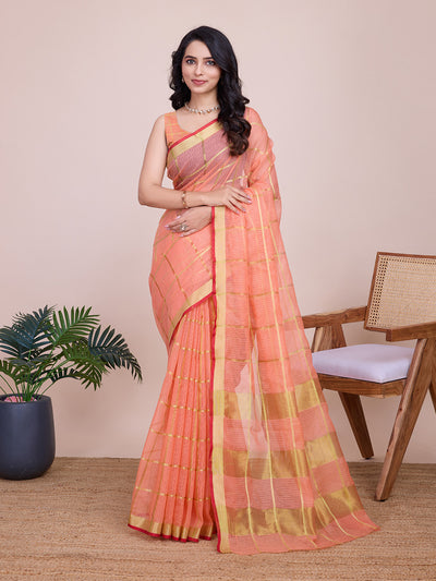 Fabrica Vibe Peach Handwoven Cotton Saree with Golden Checks & Contrast Border