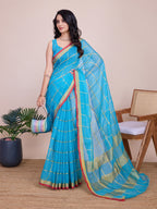 Fabrica Vibe Sky Blue Handwoven Cotton Saree with Golden Checks & Contrast Border