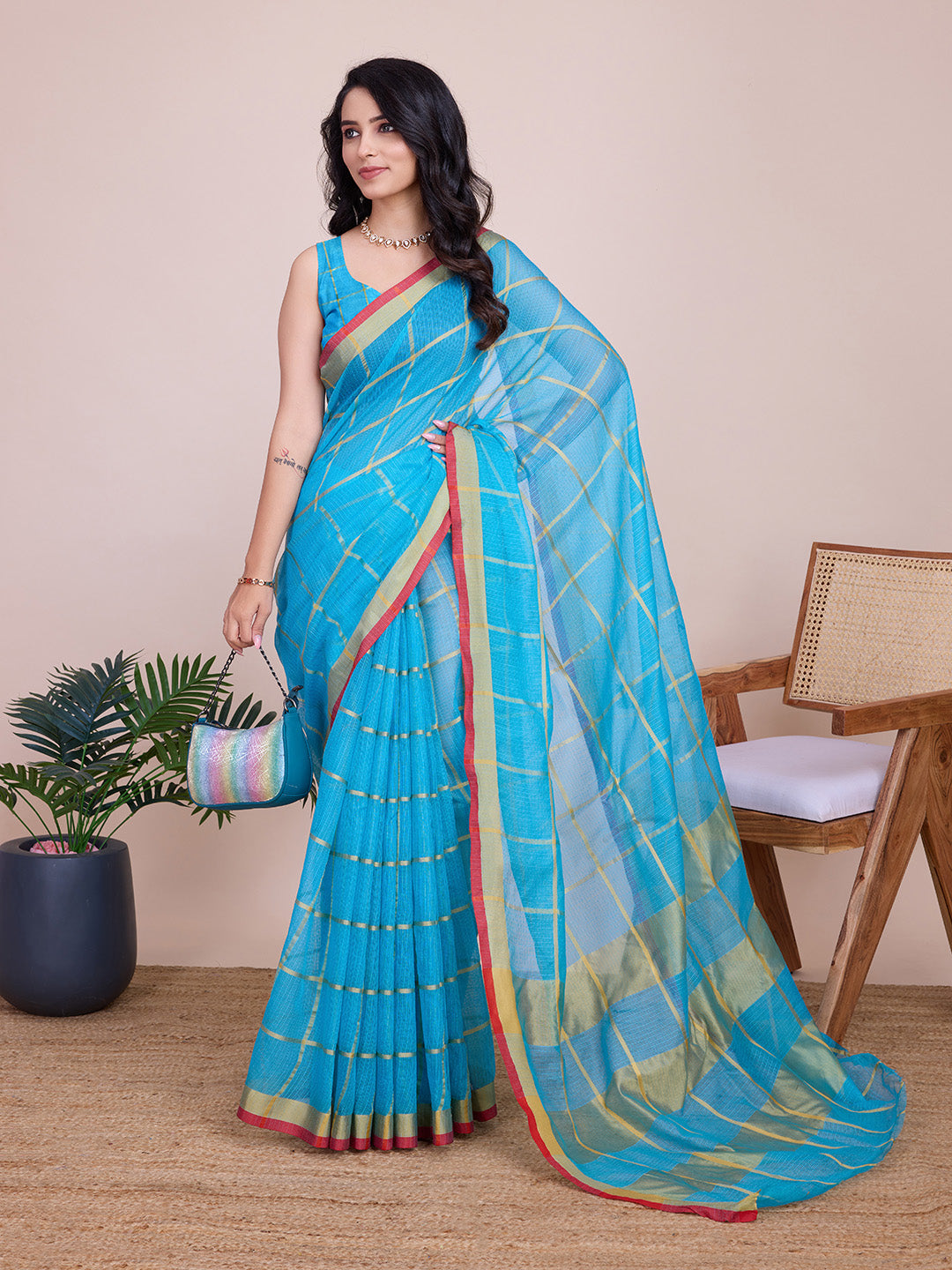 Fabrica Vibe Sky Blue Handwoven Cotton Saree with Golden Checks & Contrast Border