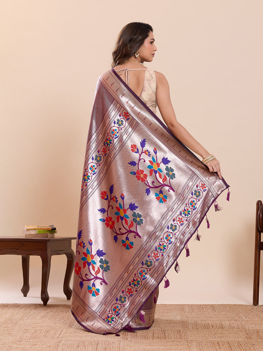 Fabrica Vibe Lavender Metallic Paithani Inspired Silk Saree with Multicolor Floral Pallu