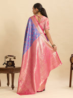 Fabrica Vibe Royal Blue & Pink Banarasi Silk Blend Saree with Floral Zari Weaving