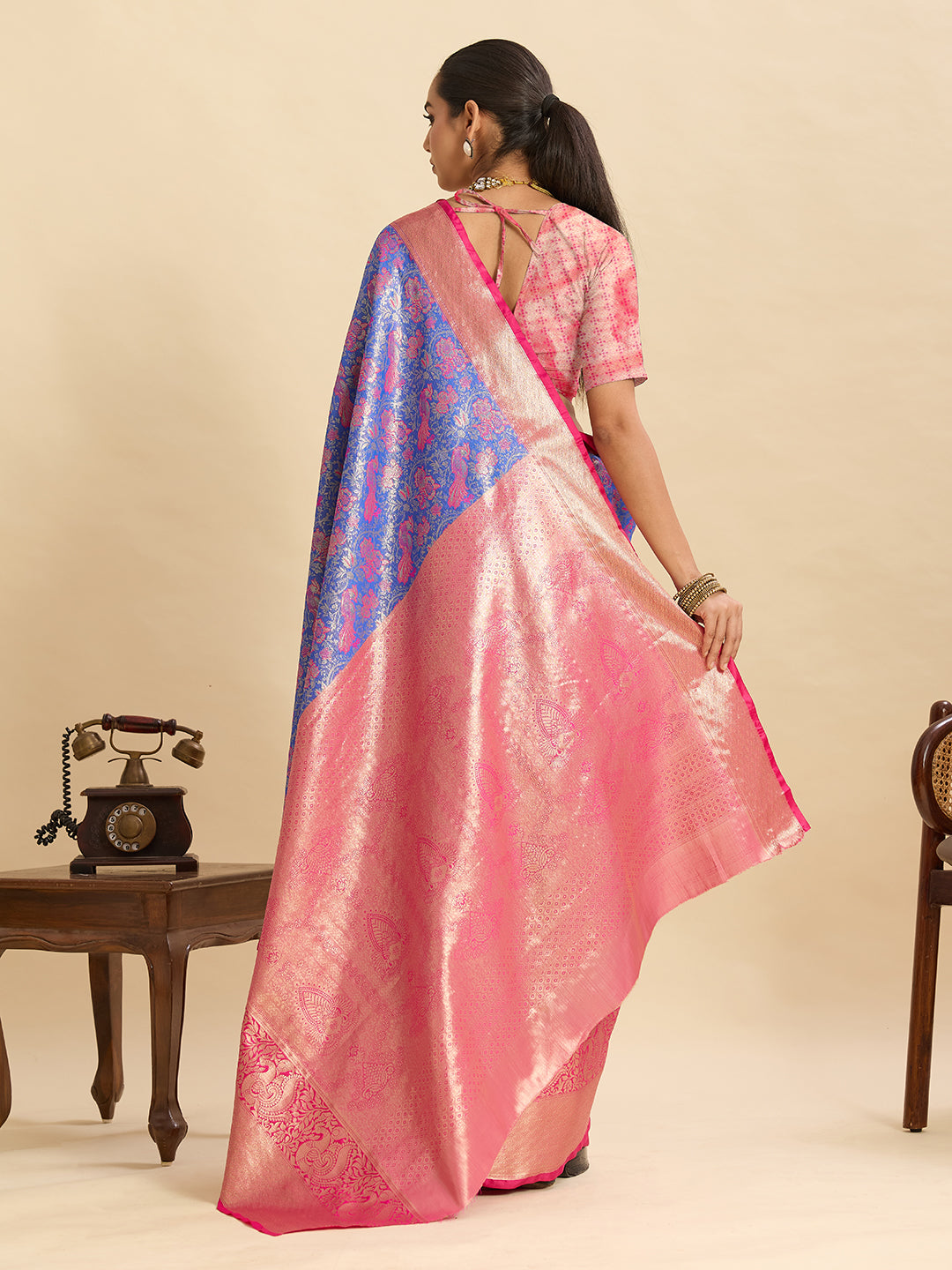 Fabrica Vibe Royal Blue & Pink Banarasi Silk Blend Saree with Floral Zari Weaving