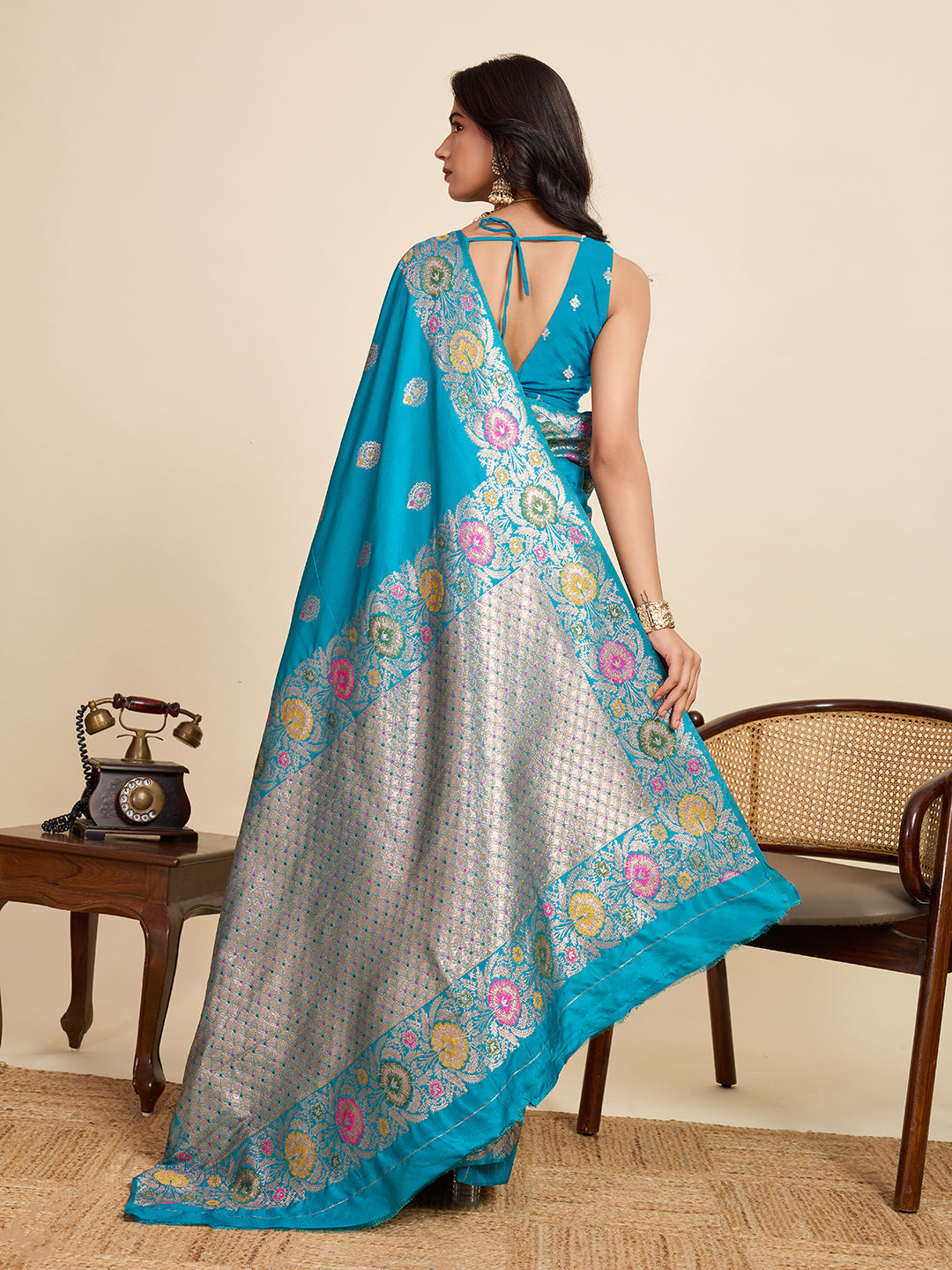 Fabrica Vibe Turquoise Blue Banarasi Silk Saree with Multicolor Floral Zari Border
