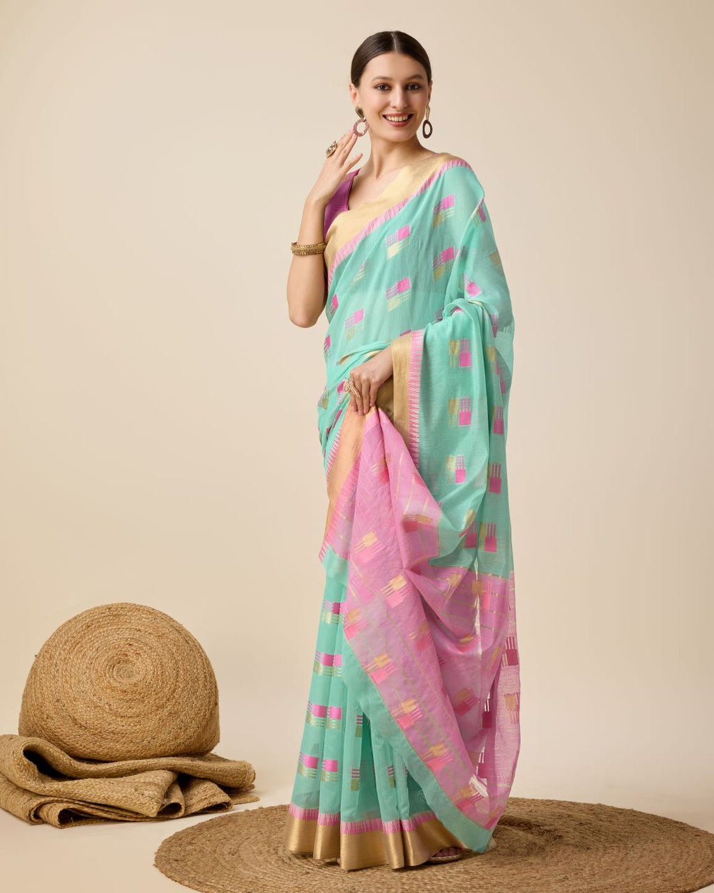 Fabrica Vibe Handwoven Bengal Cotton Saree in Aqua Mint & Pink with Woven Geometric Motifs