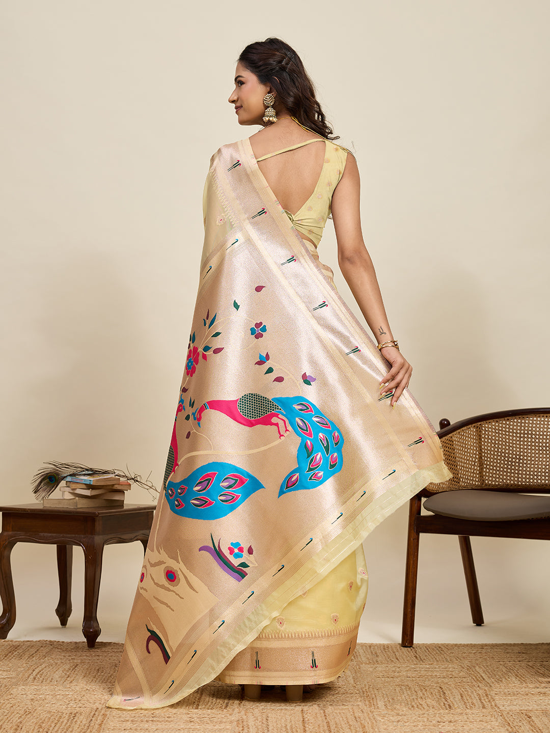 Fabrica Vibe Premium Lemon Yellow Organza Silk Saree with Peacock Pallu & Zari Woven Border