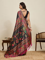 Fabrica Vibe Black Art Silk Folk Dance Printed Saree with Peacock Motifs & Tassel Pallu