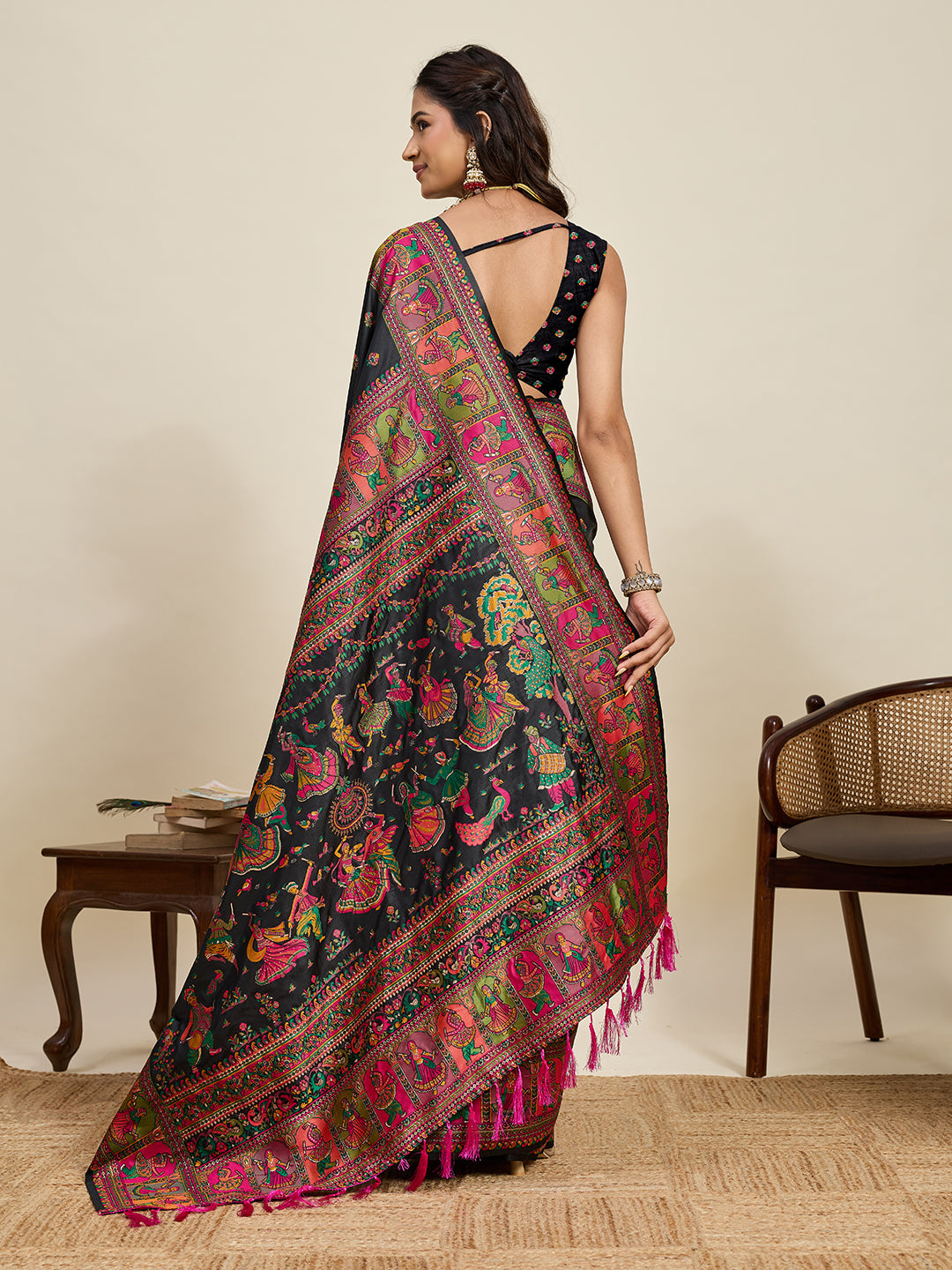 Fabrica Vibe Black Art Silk Folk Dance Printed Saree with Peacock Motifs & Tassel Pallu