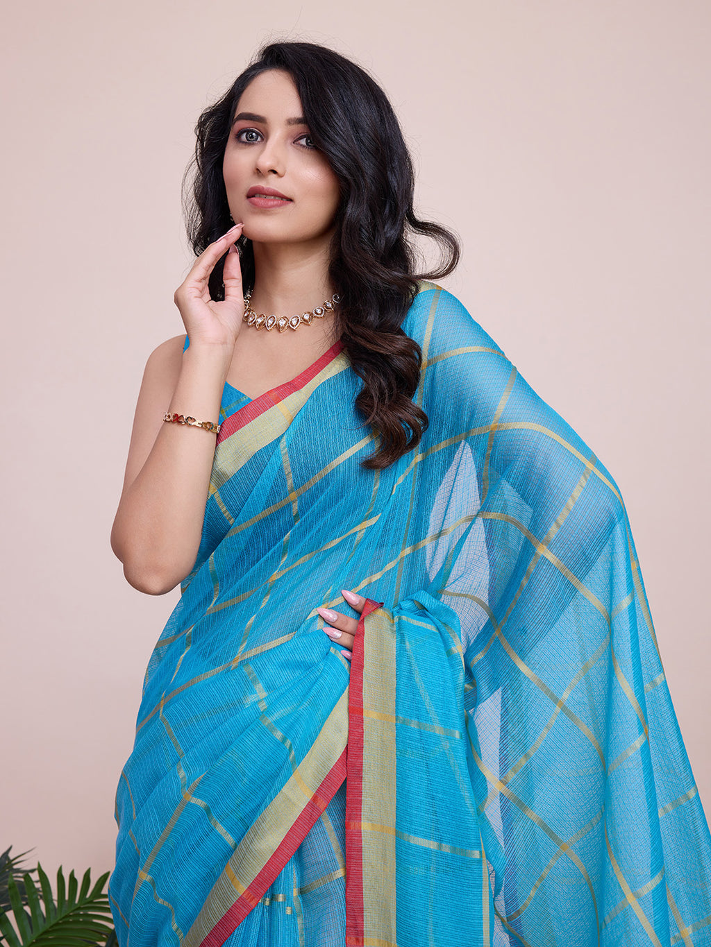 Fabrica Vibe Sky Blue Handwoven Cotton Saree with Golden Checks & Contrast Border