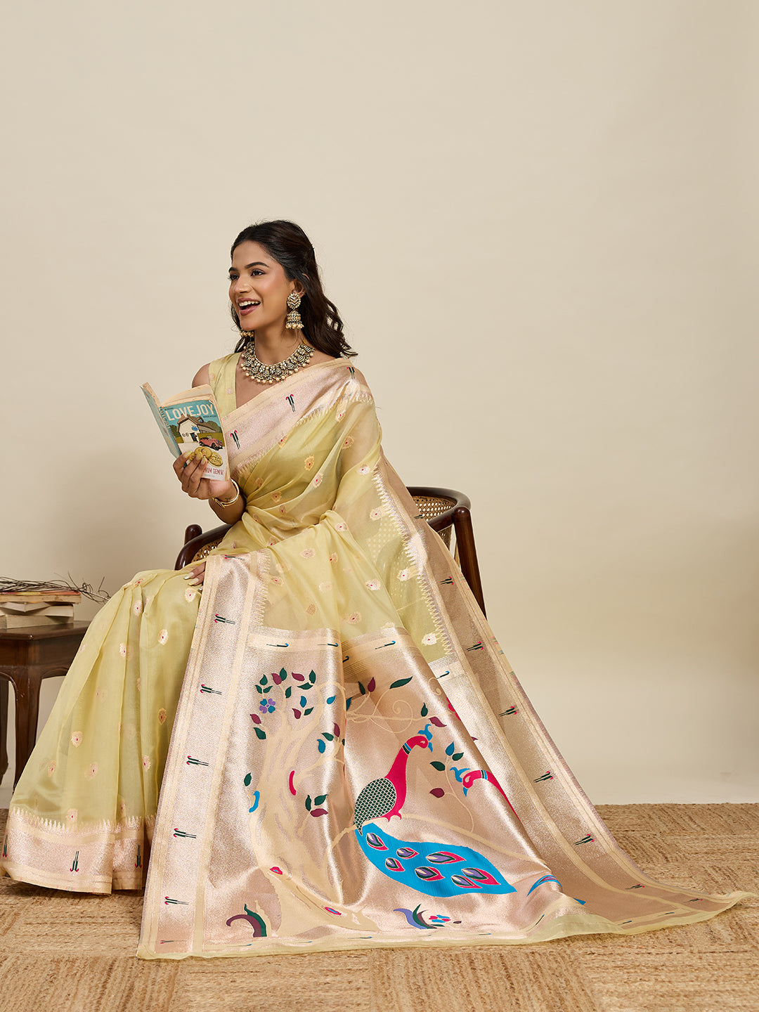 Fabrica Vibe Premium Lemon Yellow Organza Silk Saree with Peacock Pallu & Zari Woven Border
