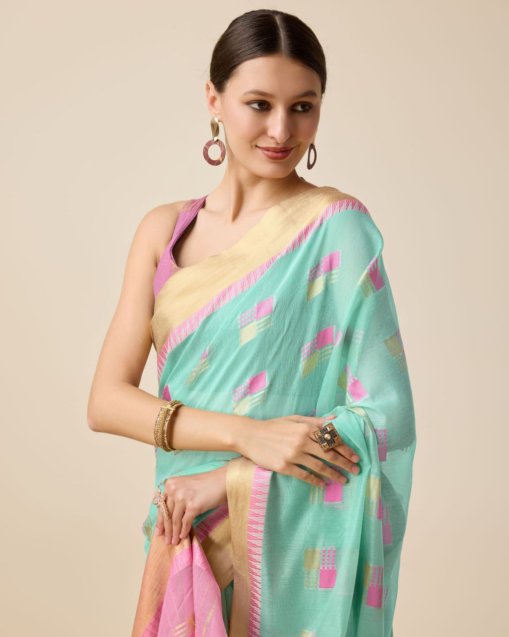 Fabrica Vibe Handwoven Bengal Cotton Saree in Aqua Mint & Pink with Woven Geometric Motifs