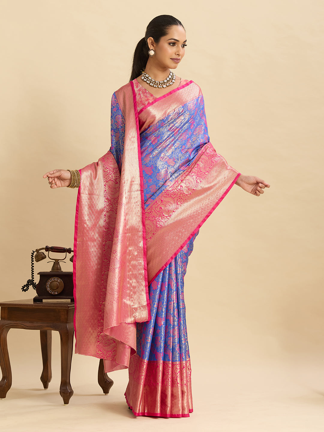 Fabrica Vibe Royal Blue & Pink Banarasi Silk Blend Saree with Floral Zari Weaving