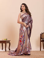 Fabrica Vibe Lavender Metallic Paithani Inspired Silk Saree with Multicolor Floral Pallu