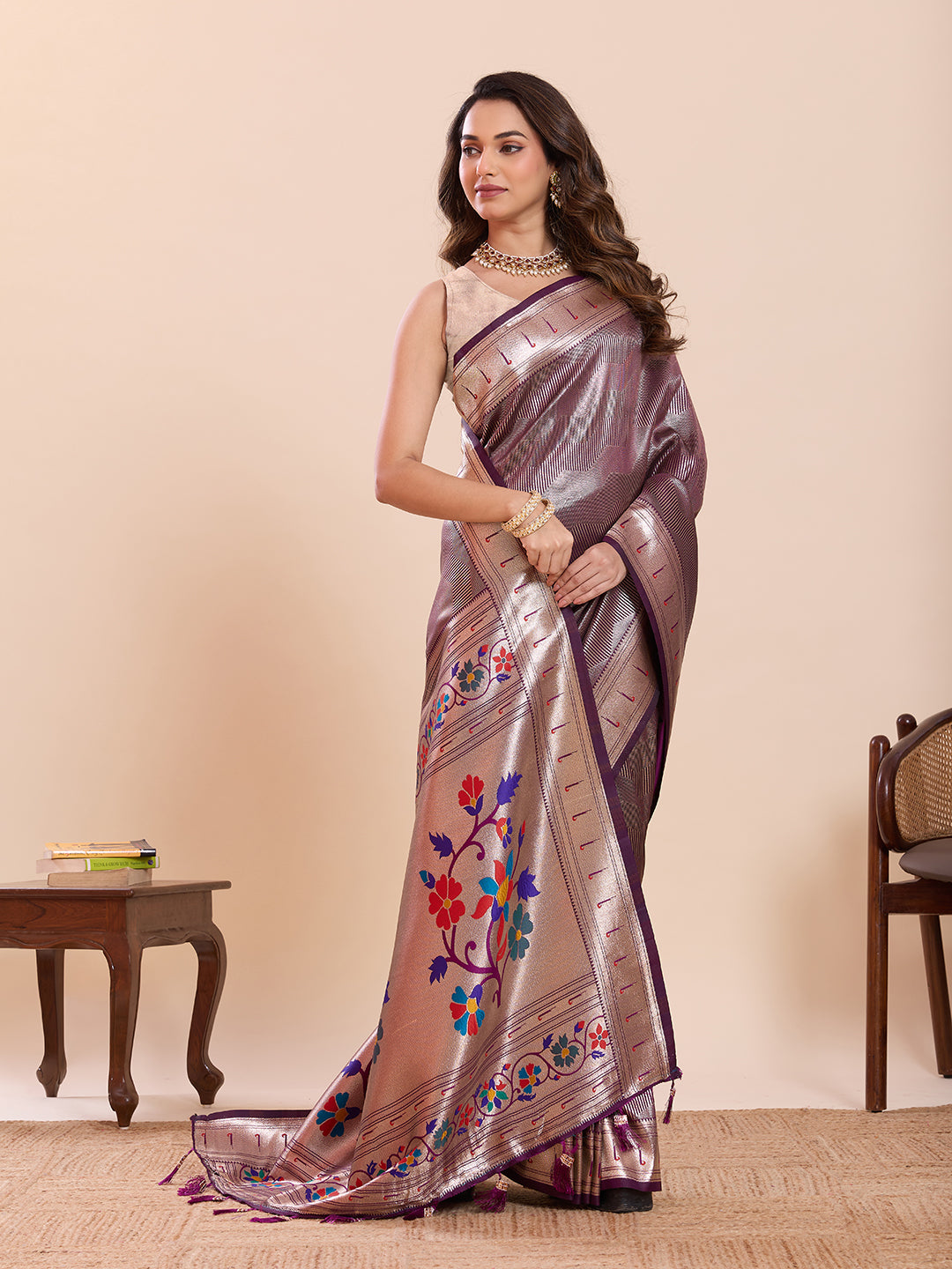 Fabrica Vibe Lavender Metallic Paithani Inspired Silk Saree with Multicolor Floral Pallu
