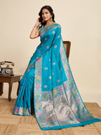Fabrica Vibe Turquoise Blue Banarasi Silk Saree with Multicolor Floral Zari Border