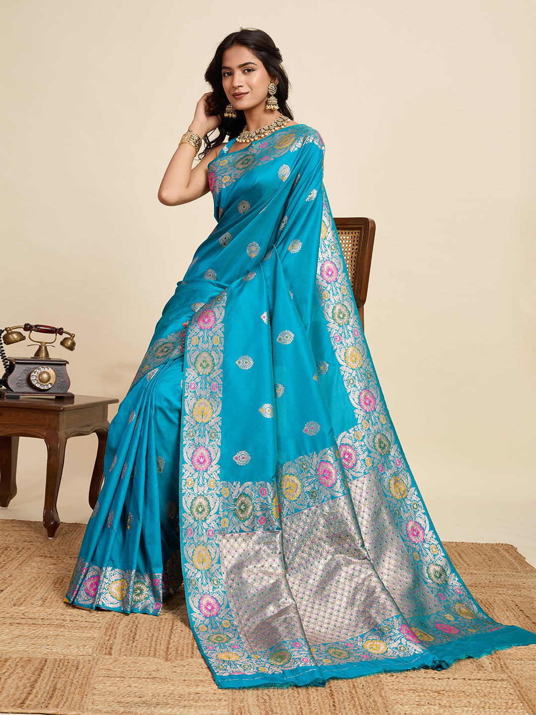 Fabrica Vibe Turquoise Blue Banarasi Silk Saree with Multicolor Floral Zari Border