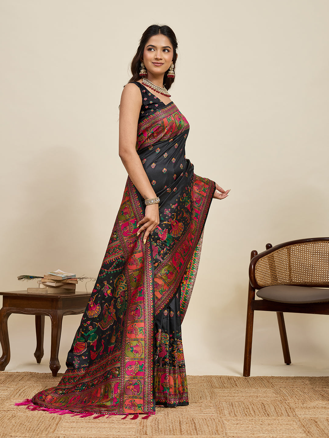 Fabrica Vibe Black Art Silk Folk Dance Printed Saree with Peacock Motifs & Tassel Pallu