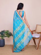 Fabrica Vibe Sky Blue Handwoven Cotton Saree with Golden Checks & Contrast Border