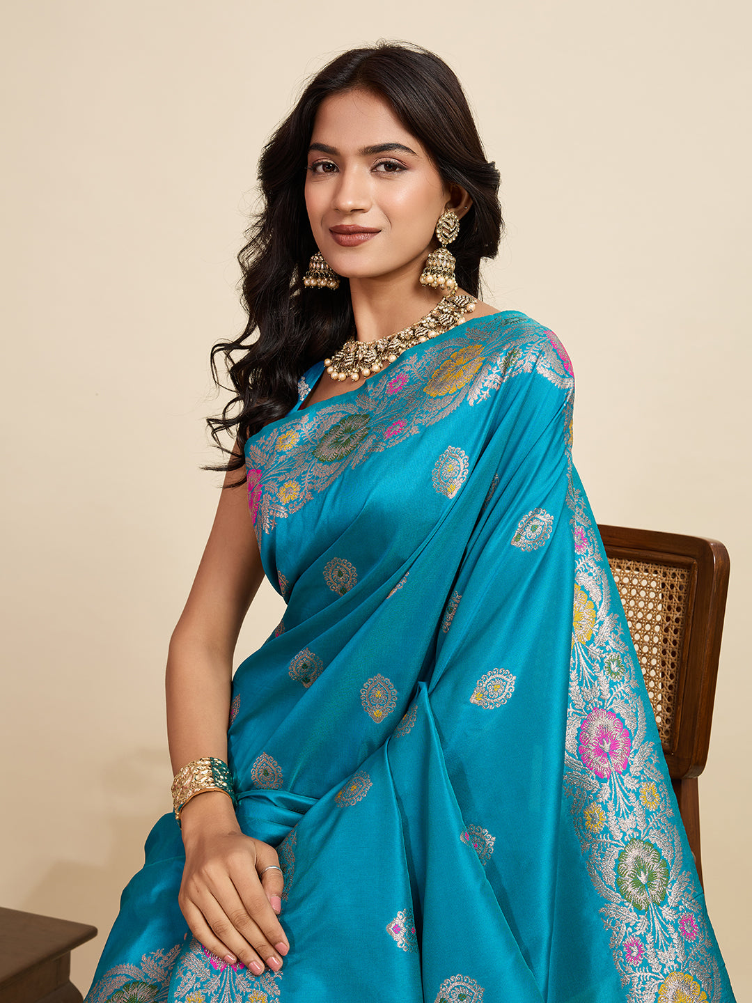 Fabrica Vibe Turquoise Blue Banarasi Silk Saree with Multicolor Floral Zari Border