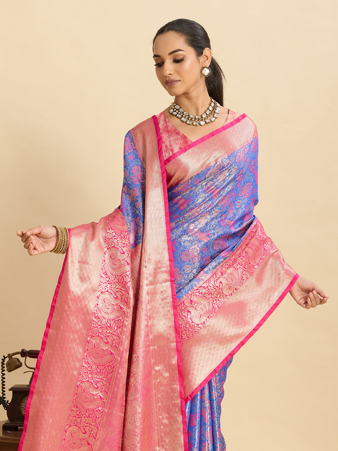 Fabrica Vibe Royal Blue & Pink Banarasi Silk Blend Saree with Floral Zari Weaving