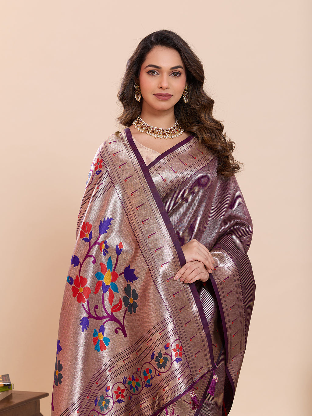 Fabrica Vibe Lavender Metallic Paithani Inspired Silk Saree with Multicolor Floral Pallu