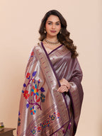 Fabrica Vibe Lavender Metallic Paithani Inspired Silk Saree with Multicolor Floral Pallu