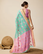 Fabrica Vibe Handwoven Bengal Cotton Saree in Aqua Mint & Pink with Woven Geometric Motifs