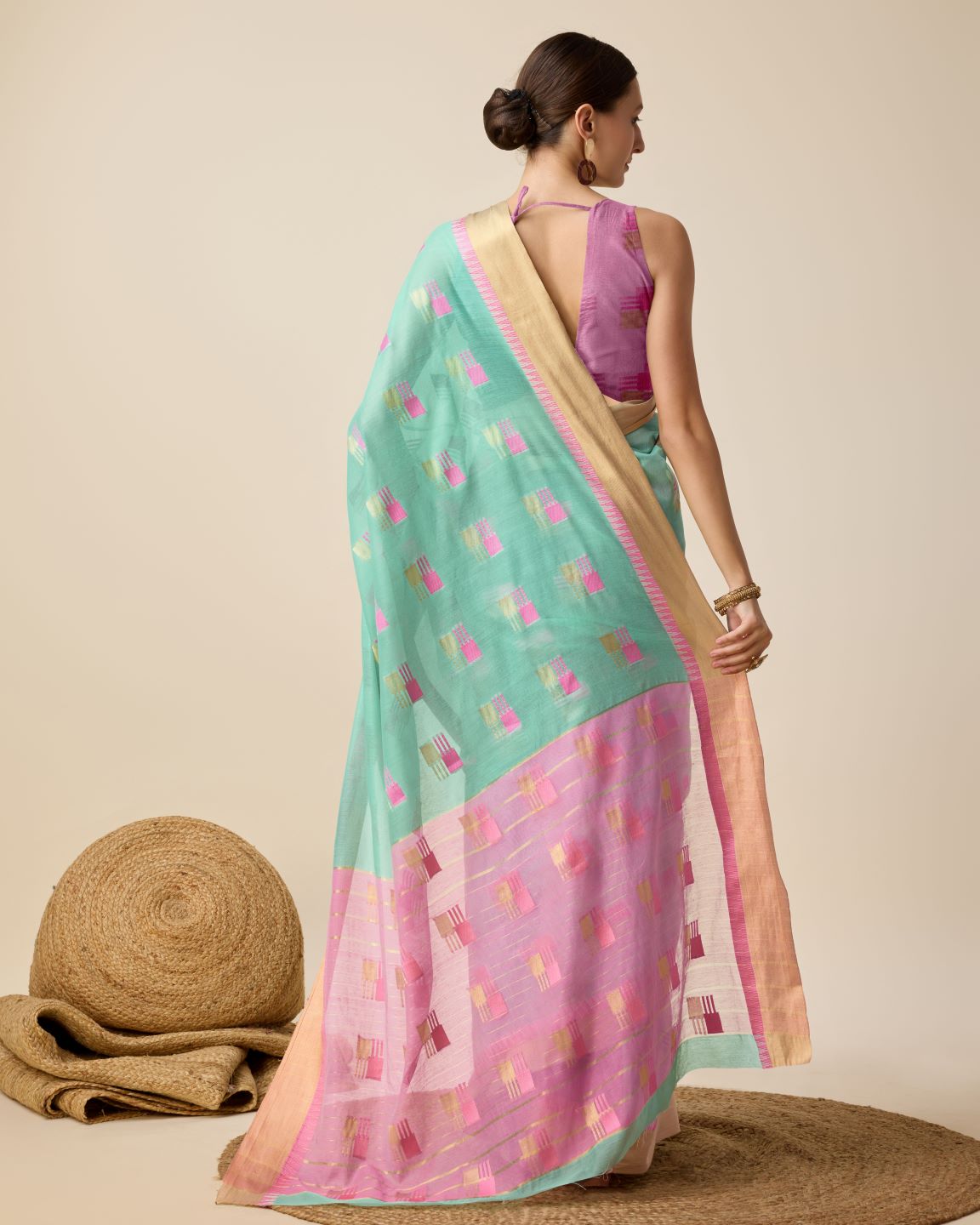 Fabrica Vibe Handwoven Bengal Cotton Saree in Aqua Mint & Pink with Woven Geometric Motifs
