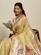 Fabrica Vibe Premium Lemon Yellow Organza Silk Saree with Peacock Pallu & Zari Woven Border