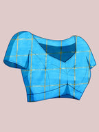 Fabrica Vibe Sky Blue Handwoven Cotton Saree with Golden Checks & Contrast Border