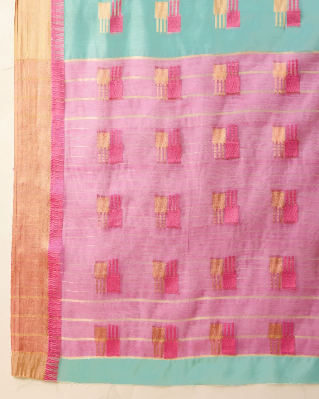 Fabrica Vibe Handwoven Bengal Cotton Saree in Aqua Mint & Pink with Woven Geometric Motifs