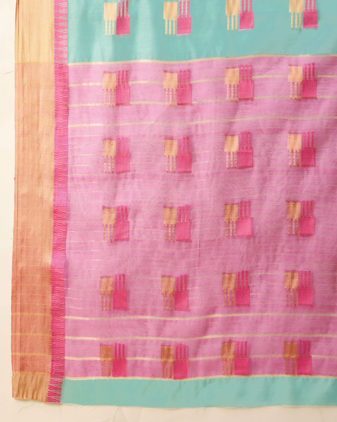 Fabrica Vibe Handwoven Bengal Cotton Saree in Aqua Mint & Pink with Woven Geometric Motifs