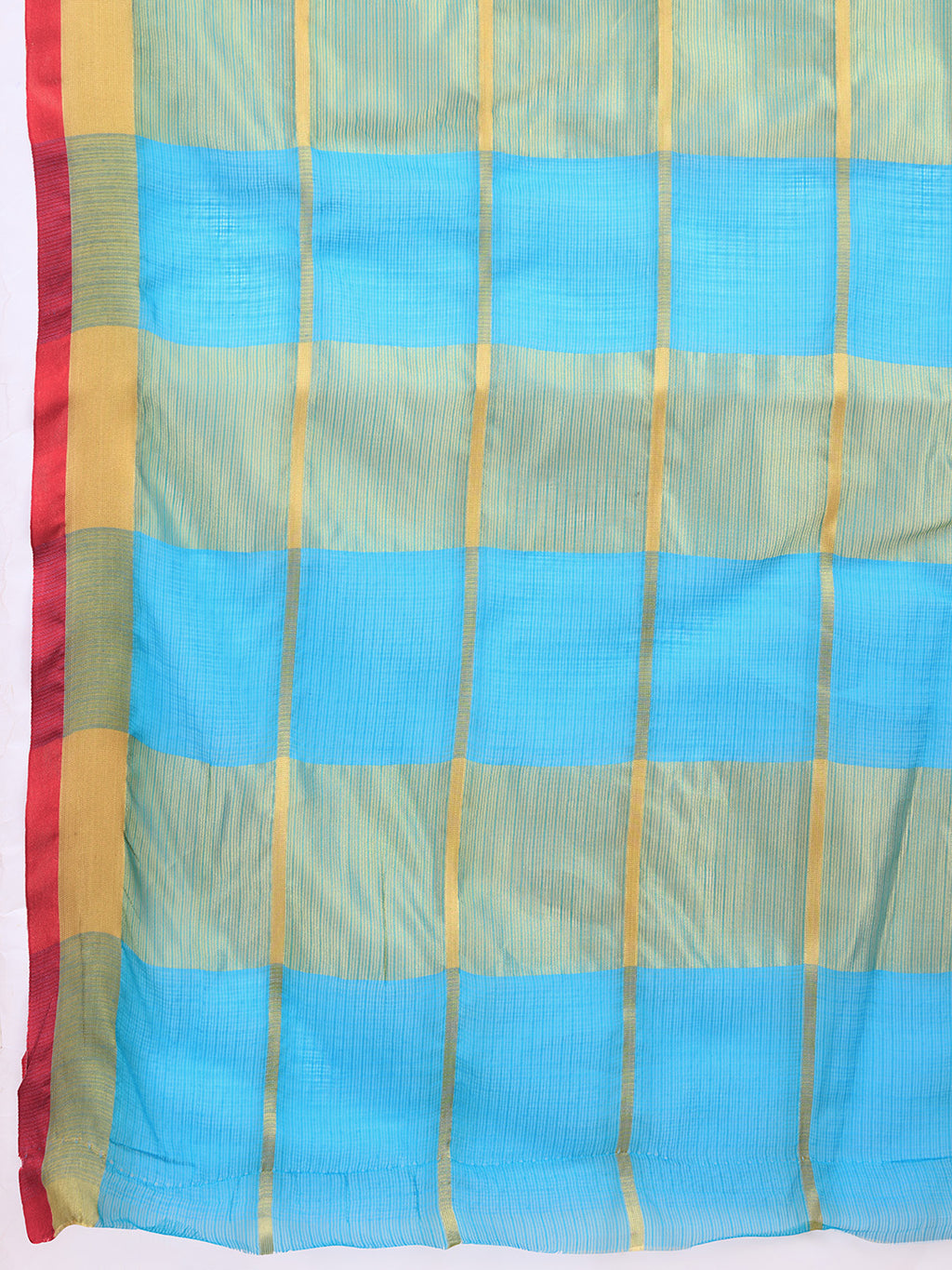 Fabrica Vibe Sky Blue Handwoven Cotton Saree with Golden Checks & Contrast Border