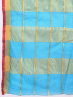 Fabrica Vibe Sky Blue Handwoven Cotton Saree with Golden Checks & Contrast Border