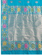Fabrica Vibe Turquoise Blue Banarasi Silk Saree with Multicolor Floral Zari Border