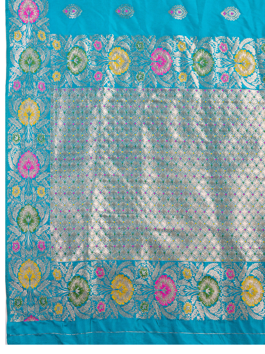 Fabrica Vibe Turquoise Blue Banarasi Silk Saree with Multicolor Floral Zari Border