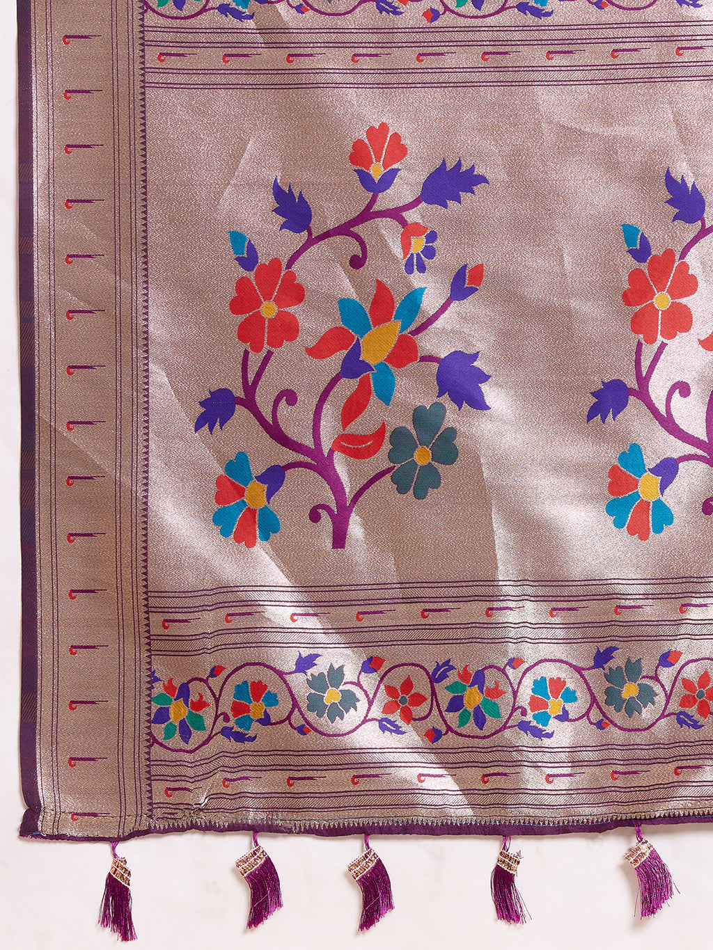 Fabrica Vibe Lavender Metallic Paithani Inspired Silk Saree with Multicolor Floral Pallu
