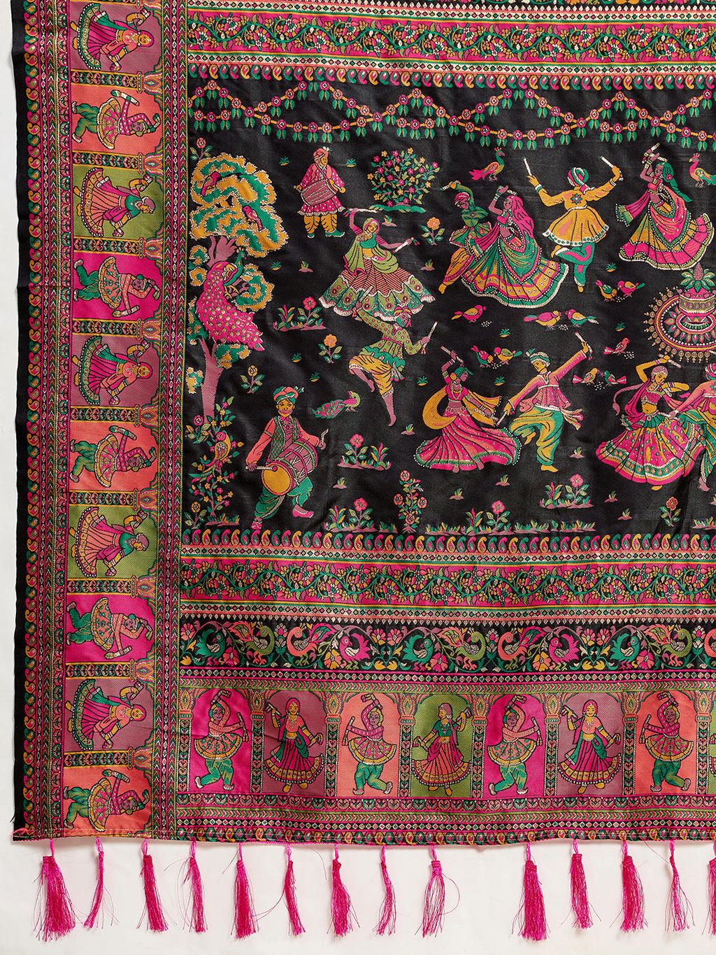 Fabrica Vibe Black Art Silk Folk Dance Printed Saree with Peacock Motifs & Tassel Pallu